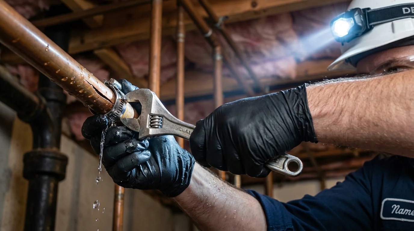 Emergency pipe clamp repair being performed by a Johns Plumbing LLC plumber in Chisholm